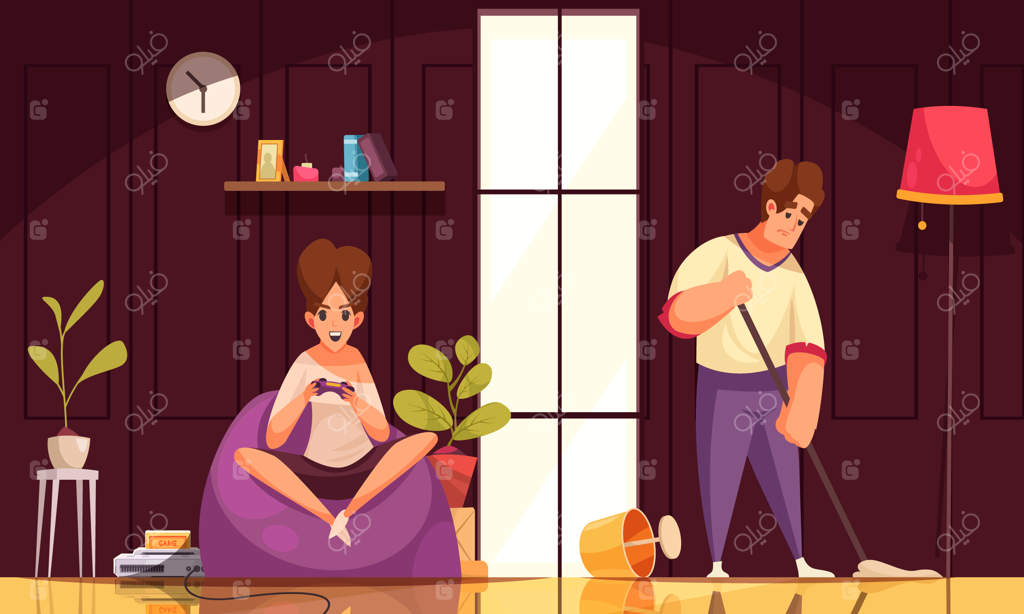 تصویر روزمره خانواده: خانمی در حال بازی رایانه‌ای روی صندلی و آقایی در حال تمیزکردن کف اتاق