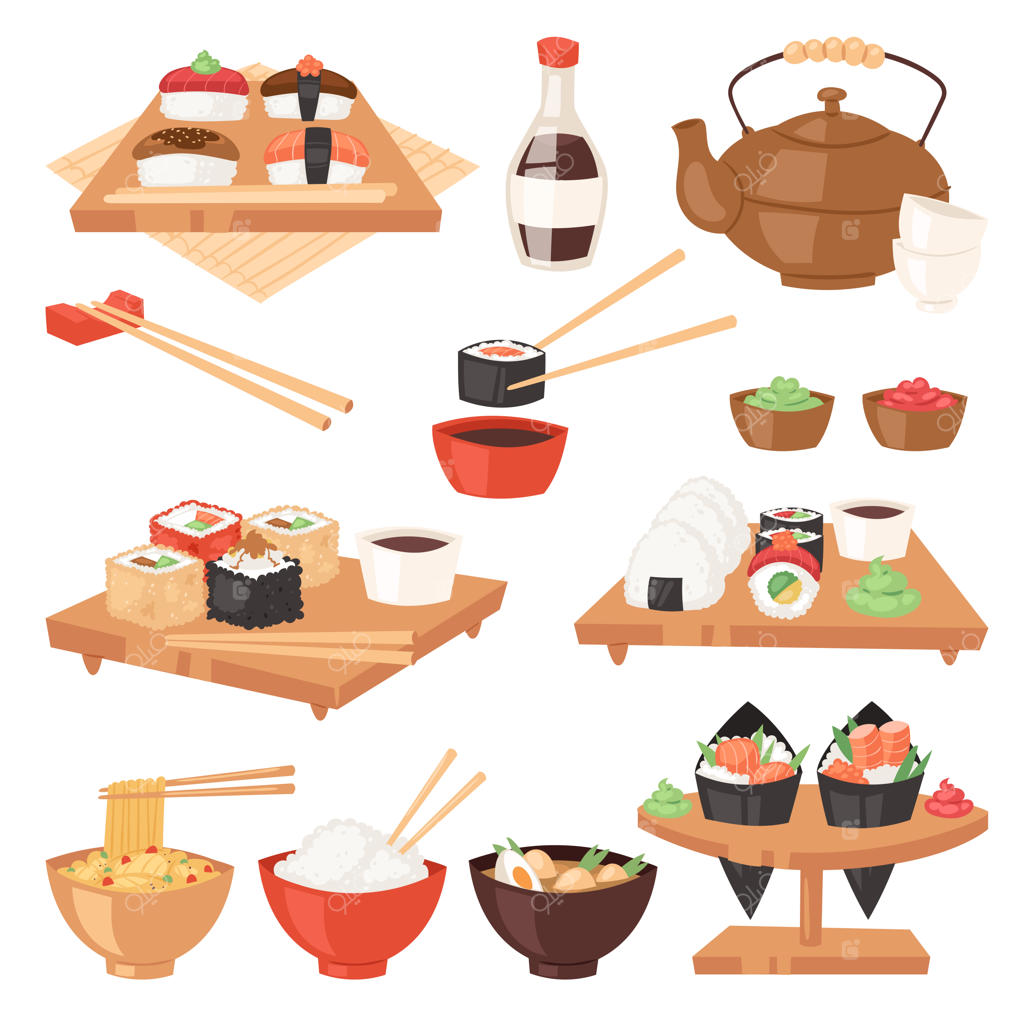 غذاهای ژاپنی: سوشی، ساشیمی، رول یا نیگیری و غذاهای دریایی با برنج در رستوران ژاپنی - تصویرسازی آشپزی ژاپنی با ست چاپستیک جدا شده در زمینه سفید