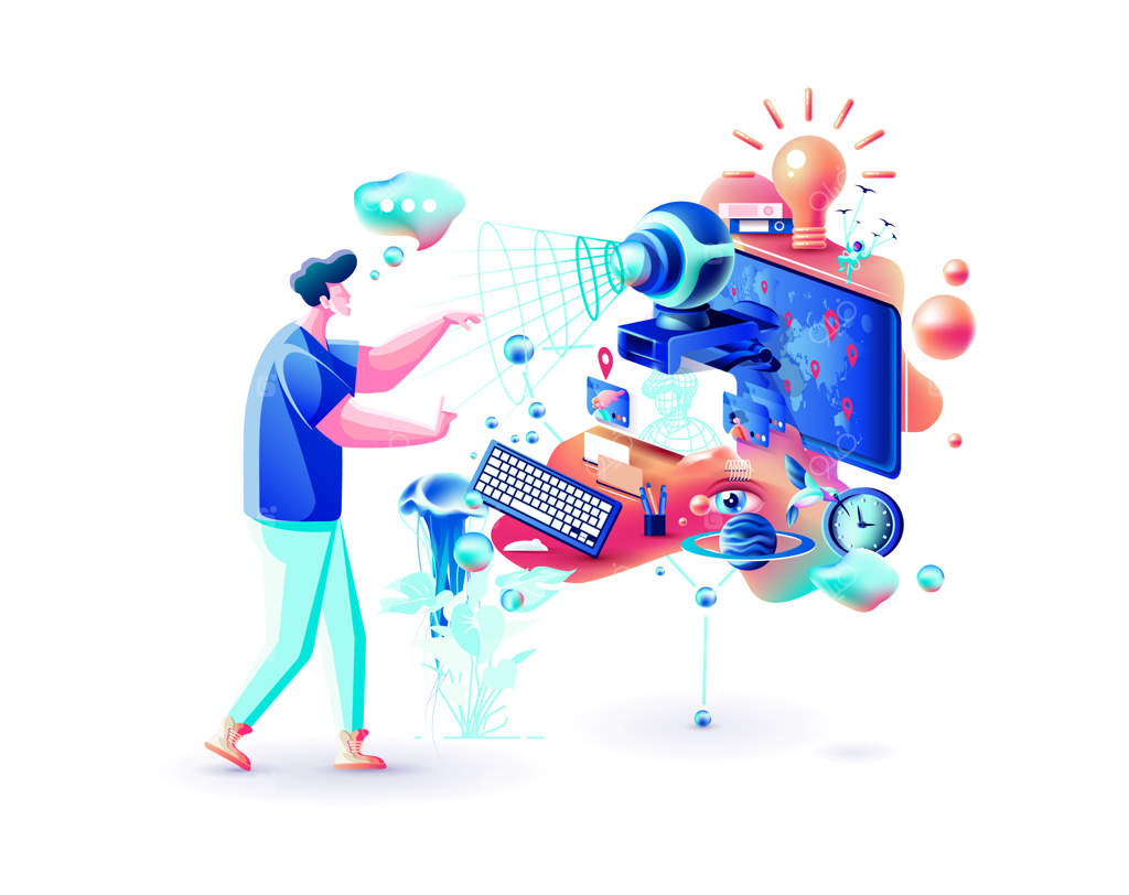 مردی در حال آموزش ویدئویی آنلاین: مکالمه از راه دور، یادگیری مجازی، کنفرانس اینترنتی و مصاحبهٔ وب‌کم برای فریلنسرها پشت کامپیوتر