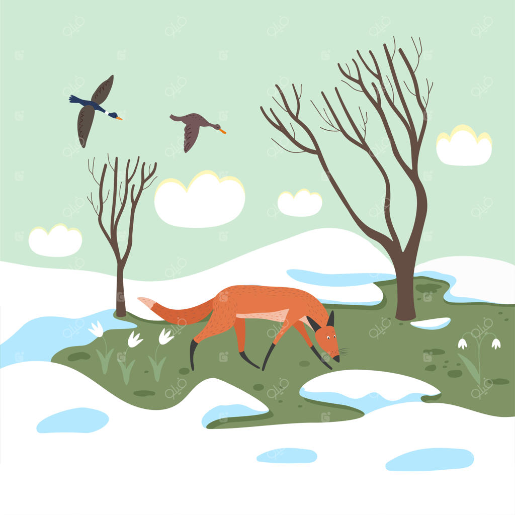 صحنه بهاری با روباه قرمز در حال دویدن در جنگل، منظره‌ای با شکوفه‌های نخستین بهار