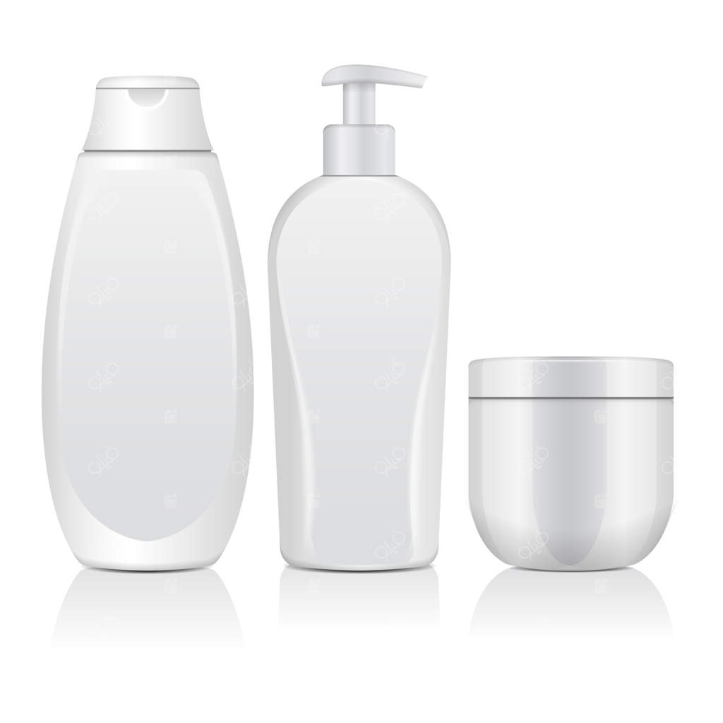 مجموعه‌ای از بطری‌های واقعی لوازم آرایشی سفید: تیوپ، ظرف کرم و بطری با پمپ. تصویرسازی