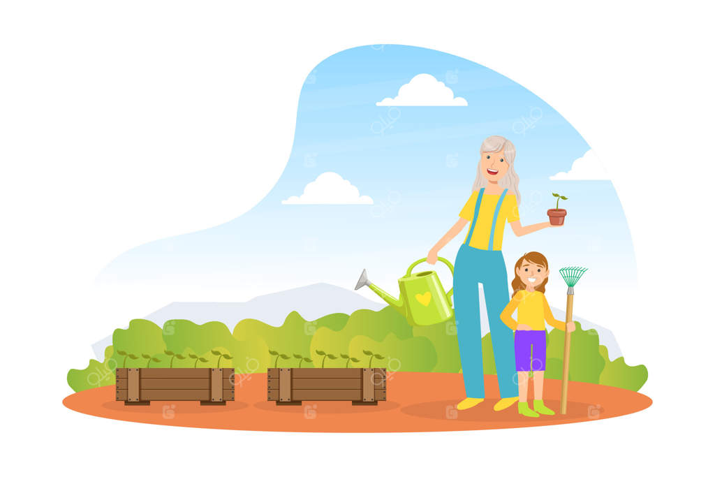مادربزرگ و نوه در حال کار در باغ و آبیاری نهال‌ها - اوقات خوش با همدیگر (تصویر کارتونی)