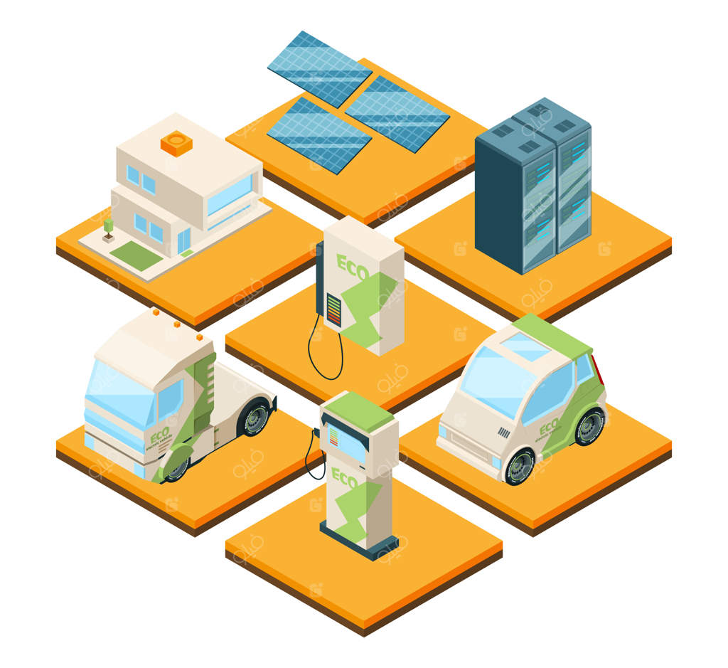 ایستگاه ماشین‌های برقی: منظره ایزومتریک با خودروهای دوست‌دار محیط زیست