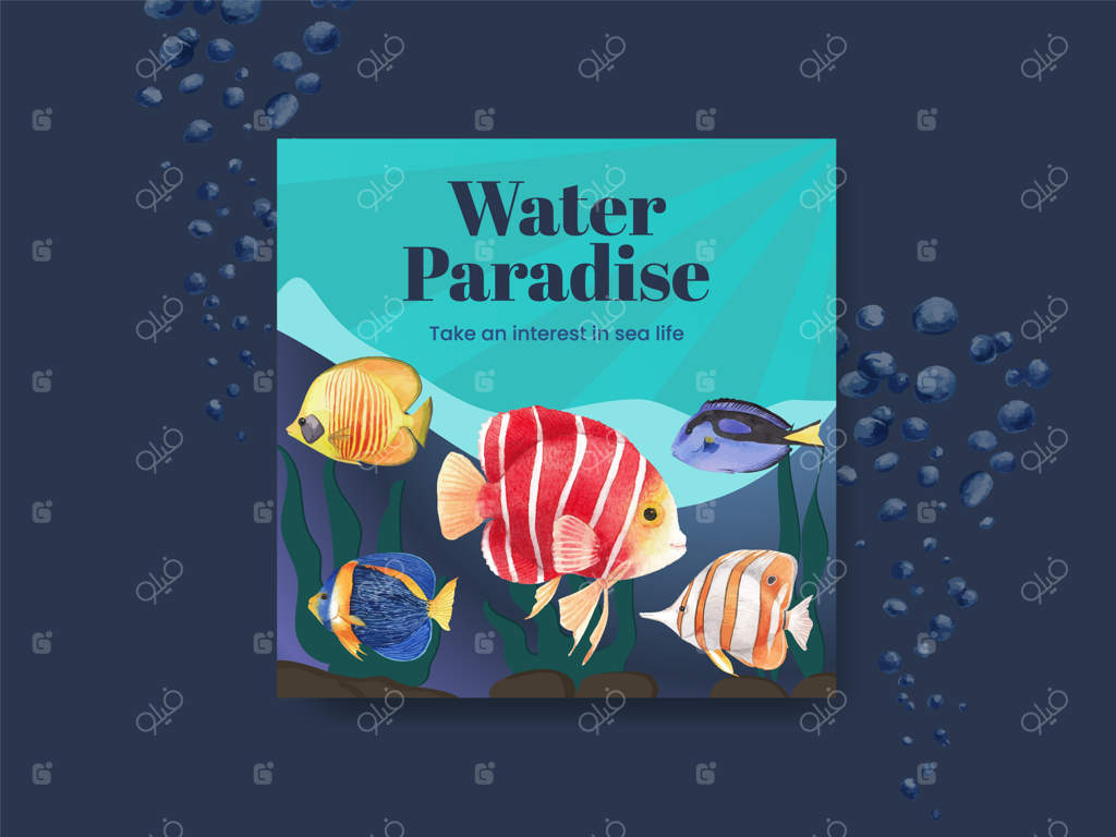 قالب بنر با طراحی مفهومی زندگی دریا - تصویرسازی با آب‌رنگ