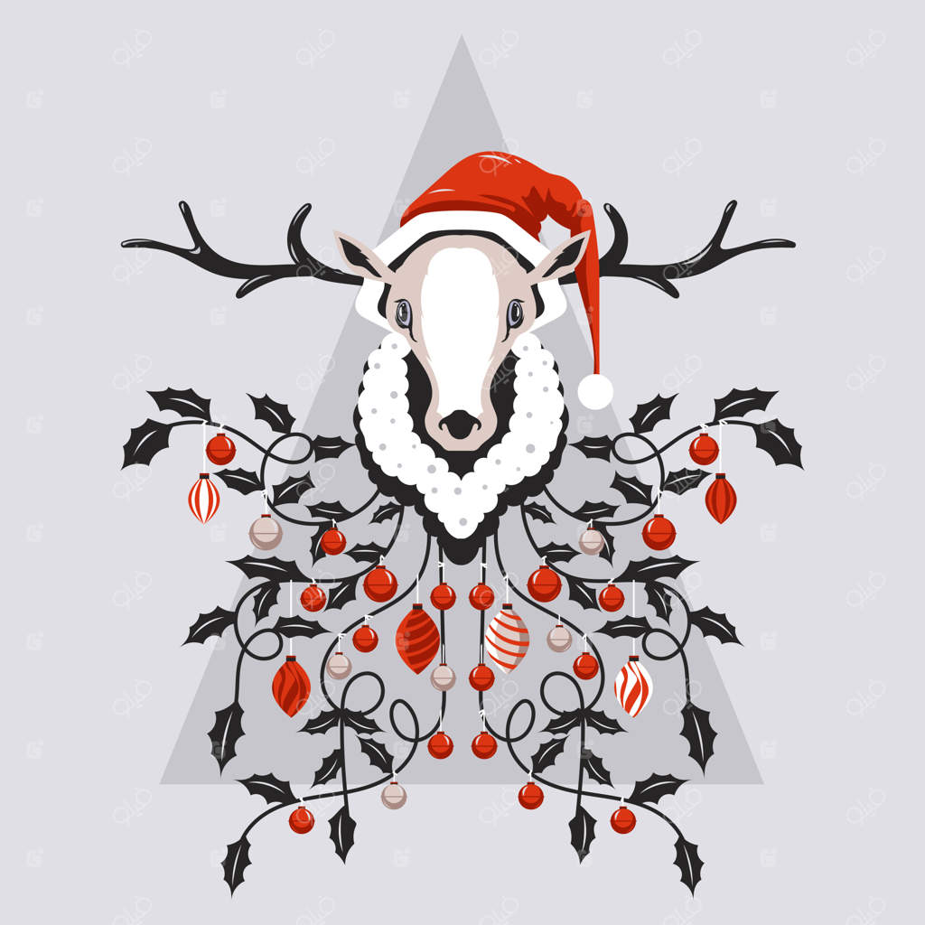 سر شاد گوزن شمالی با کلاه بابانوئل و چراغ‌های کریسمس روی شال گردن