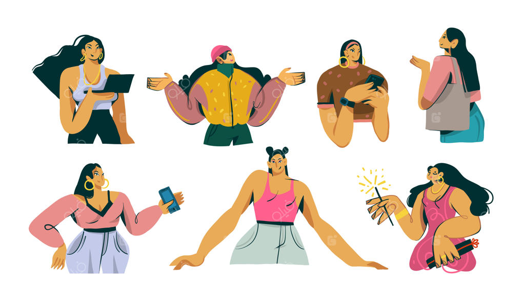 مجموعه‌ای از شخصیت‌های دخترانه بامزه و خنده‌دار دست‌نقاشی شده