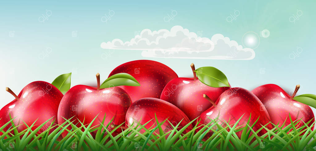 سیب‌های قرمز روی چمن‌ها با آسمانی آفتابی و ابری شناور