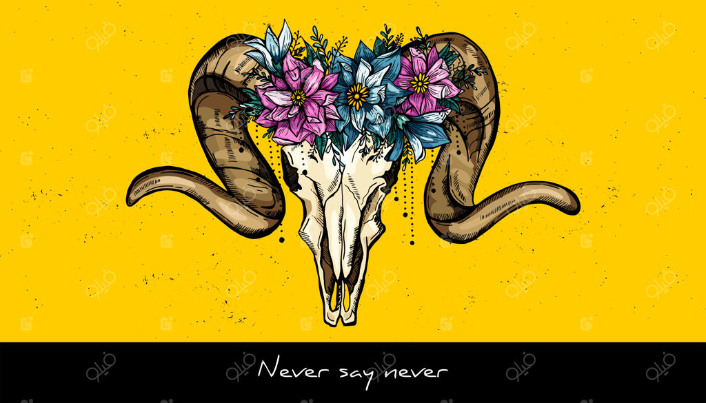 طرح جمجمه حیوان و دسته گل - تصویرسازی دستی وکتور