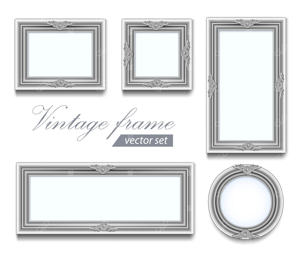 قاب عکس چوبی ظریف به رنگ خاکستری روشن، گرد، مربع و مستطیل شکل؛ مجموعه‌ای از قاب‌های وینتیج.