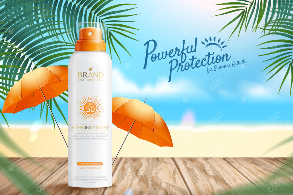 تبلیغات اسپری ضد آفتاب روی میز چوبی
