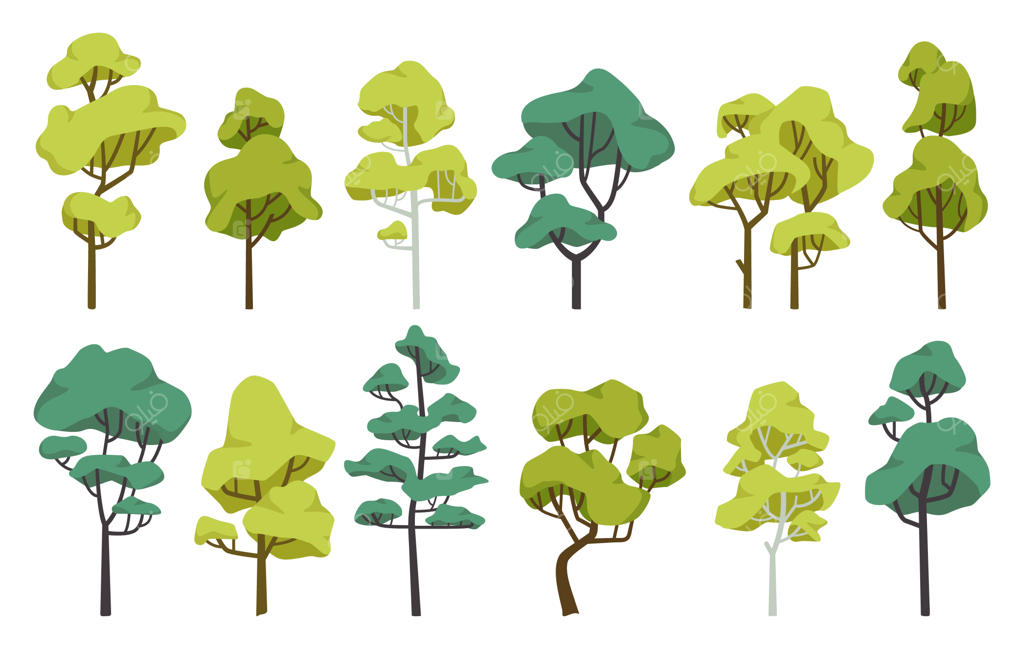 مجموعه‌ای از درختان کارتونی سبز برای منظره‌های طبیعی جنگل یا پارک با تنه و برگ‌ها، طراحی وکتور تخت برای محیط جنگلی