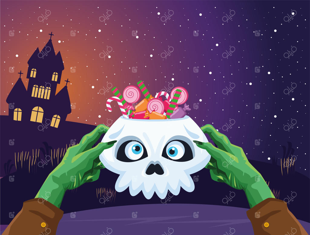 طراحی دستان زامبی هالووین با جمجمه پر از آبنبات، تم تعطیلات و ترسناک