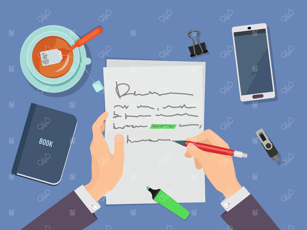 نوشتن نامه: مفهوم نویسنده که با دست‌هایش در حال نوشتن شعر روی کاغذ است.