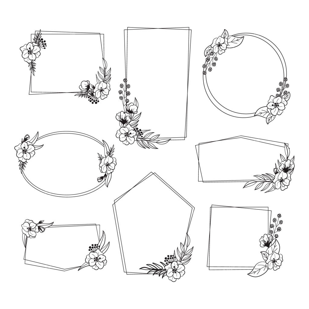 مجموعه قاب‌های دست‌کشیده سیاه و سفید با طرح‌های گلدار