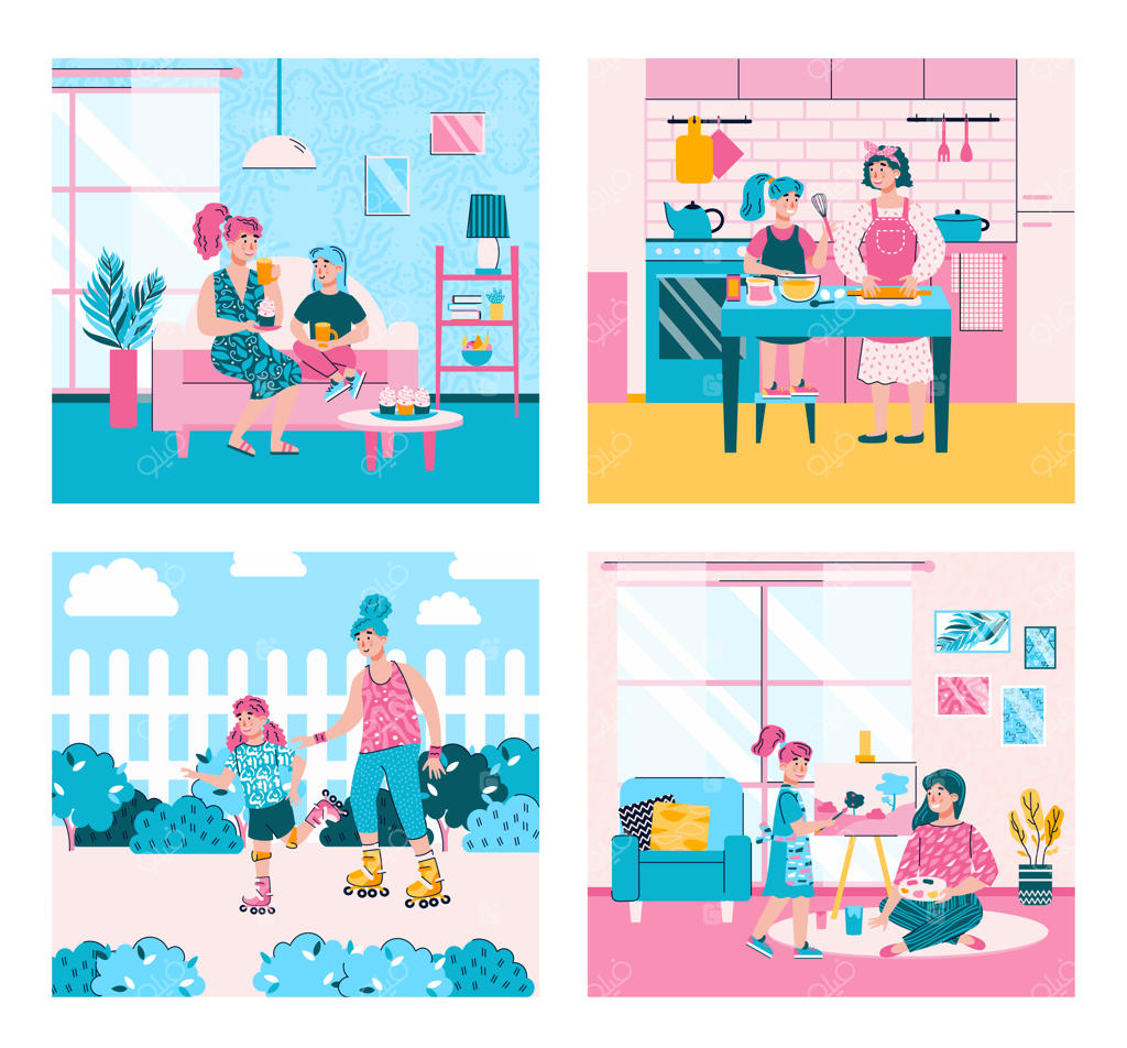فعالیت‌های مشترک روزانه مادر و دختر - مجموعه‌ای از تصاویر وکتور