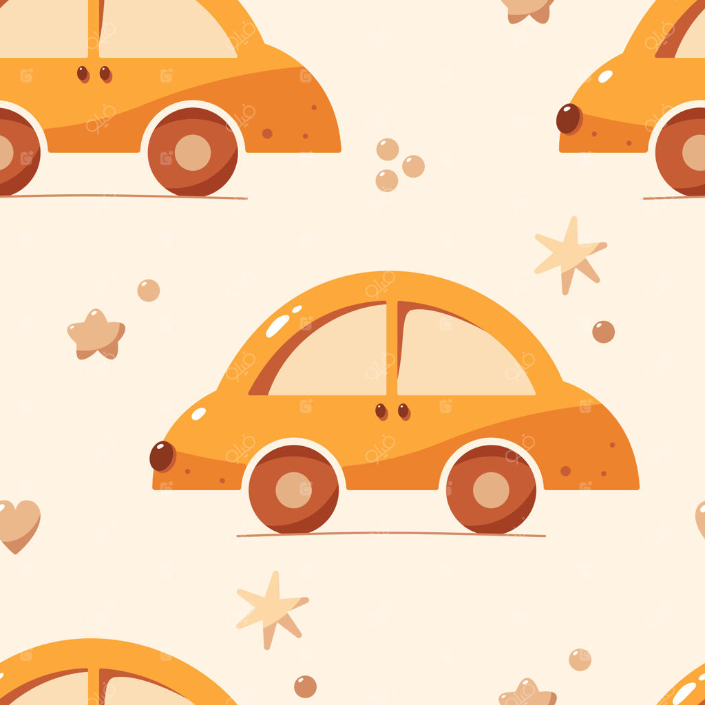 طرح یکپارچه بوهمی برای نوزاد با اسباب‌بازی‌های ماشین زرد و قلب‌ها، دایره‌ها و ستاره‌ها.