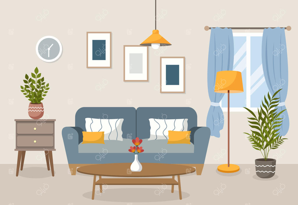 تصویرسازی وکتور تخت از دکوراسیون داخلی اتاق نشیمن؛ شامل کاناپه راحت با کوسن، فانوس، پنجره، صندلی راحتی، گیاهان آپارتمانی و میز کنار مبلی با گلدان گل