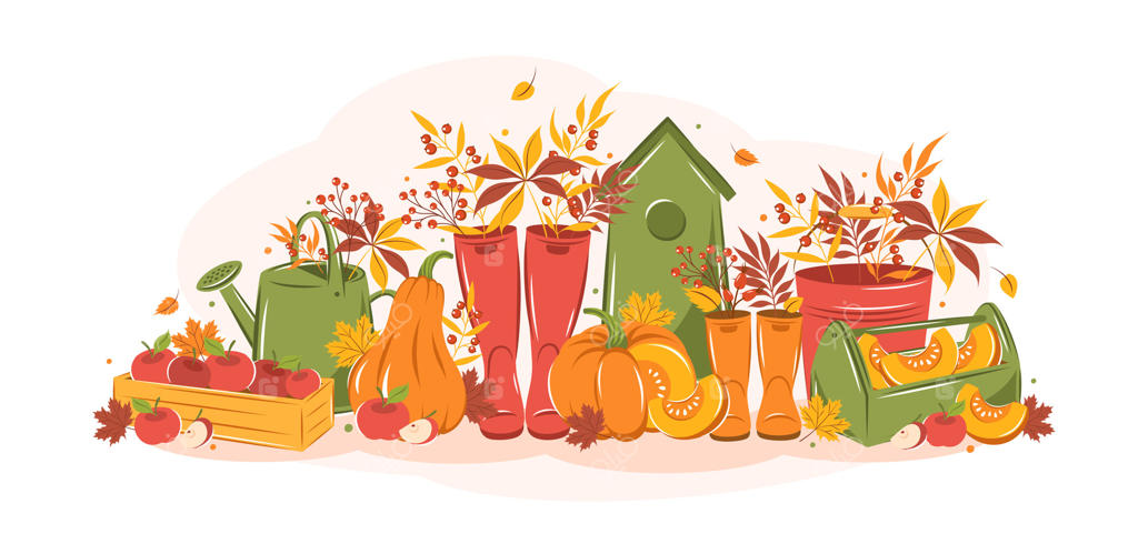 سلام پاییز. مجموعه‌ای از دکور باغ، کدو تنبل، چکمه‌های بارانی، آبپاش و برگ‌های پاییزی. باغبانی و کاشت گیاهان. روز شکرگزاری مبارک.