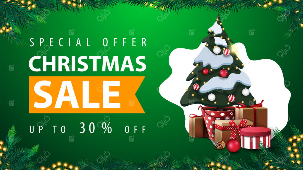 پیشنهاد ویژه: حراج کریسمس، تخفیف تا ۳۰٪، بنر وب با تخفیف سبز و طراحی انتزاعی در پس‌زمینه، قاب با تزئینات کریسمس، قاب ساخته‌شده از شاخه‌های درخت کریسمس و درخت کریسمس در گلدان همراه با هدایای کریسمس.