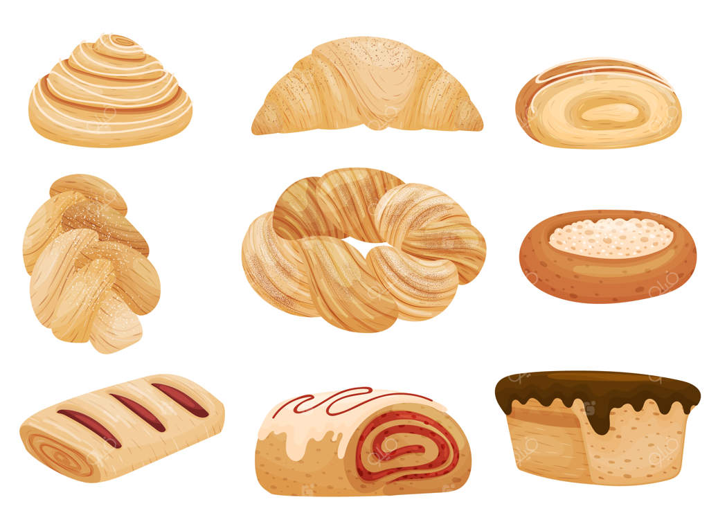 مجموعه‌ای از نان‌های شیرین با مغزها و تزیینات مختلف. تصویر روی پس‌زمینه سفید.