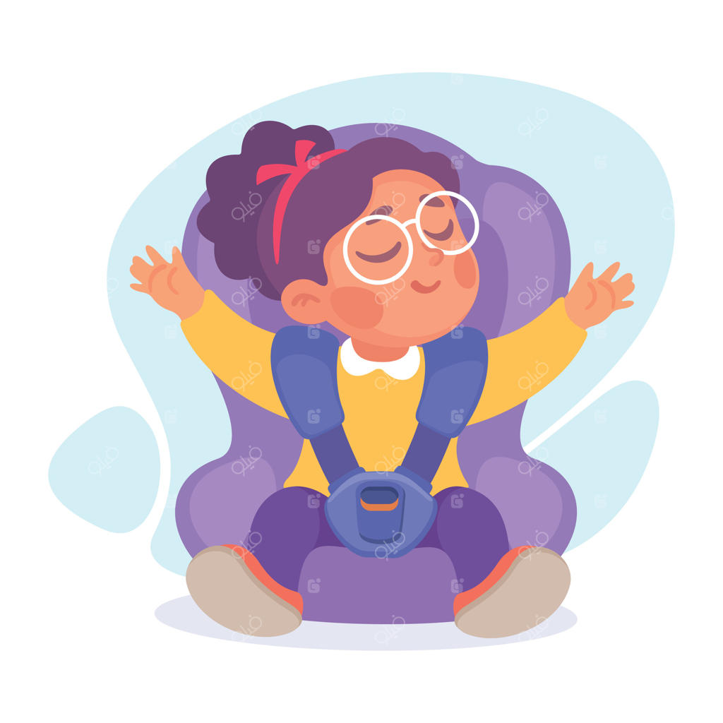 دختری کارتونی در صندلی ماشین با دست‌های بالا رفته