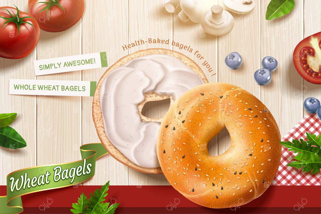 تصویر تبلیغاتی خوشمزه از بیگل‌های گندم با کرم داخلشان روی میز چوبی در طراحی سه‌بعدی