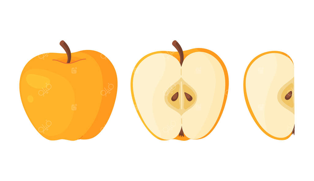 سیب زرد رسیده: کل، نصفه و برش سیب زرد تازه از باغ. کلیپ‌آرت سیب به سبک کارتونی. طراحی تخت با پس‌زمینه شفاف، تصویر سیب گلدن دلیشز
