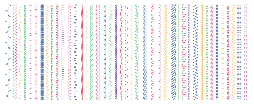 الگوهای دوخت رنگارنگ: تنوع درز و دوخت مستقیم، گلدوزی ضربدری و مرزهای زیگزاگی، تزئینات پارچه‌ای. مجموعه‌ای از وکتورها