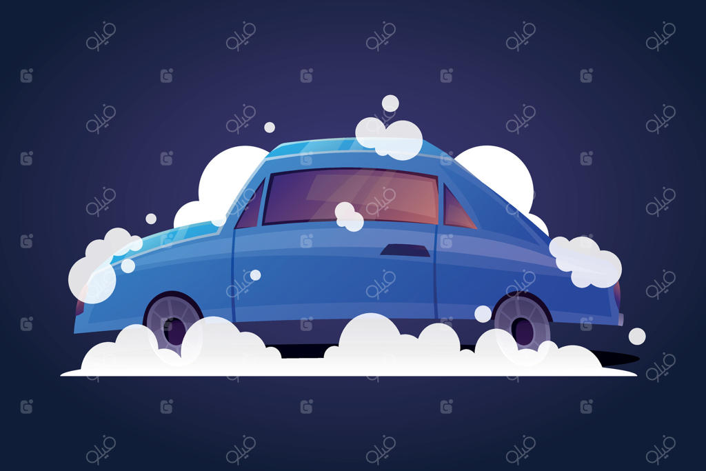 خودروی سواری چهار در به رنگ آبی با کف و حباب‌های صابون، شستشوی اتومبیل. تصویر سازی کارتونی.