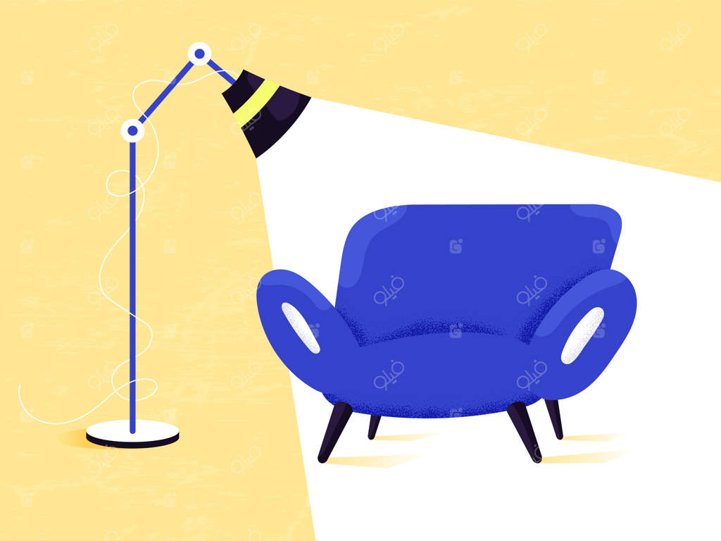 مبل آبی در نور سرد چراغ ایستاده به‌عنوان محلی برای عکاسی یا فیلمبرداری. دکوراسیون داخلی و مبلمان. فضایی آرامش‌بخش در خانه.