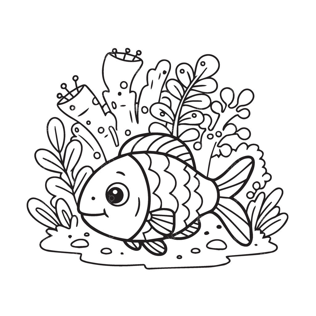 مجموعه نقاشی ماهی خوشحال با جزئیات زندگی دریایی و سبک هنر ماهی کارتونی بامزه