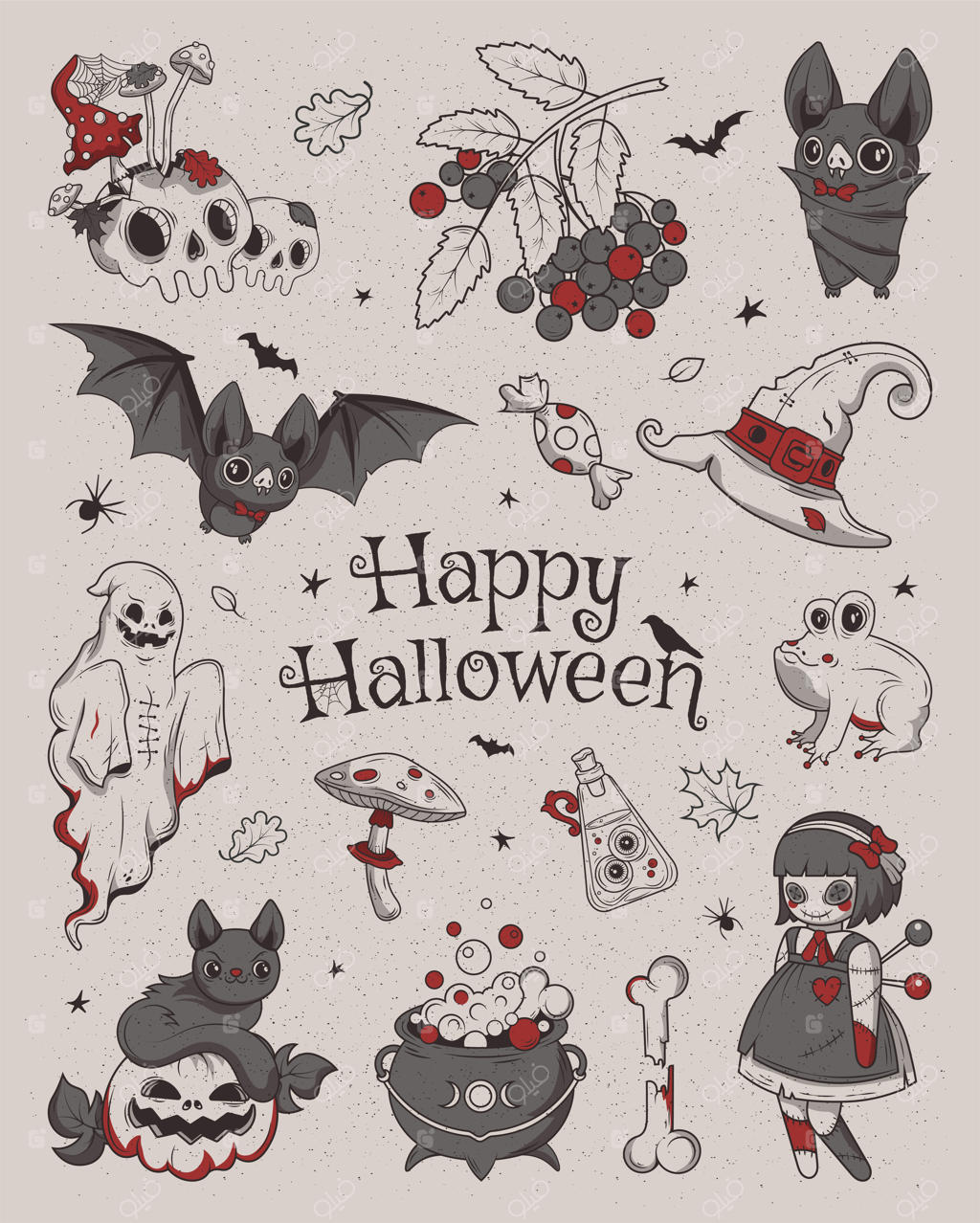 هالووین مبارک! مجموعه بزرگی از نقاشی‌های ترسناک. کلکسیونی از عناصر جادویی و هالووین، از جمله کدو تنبل‌ها.