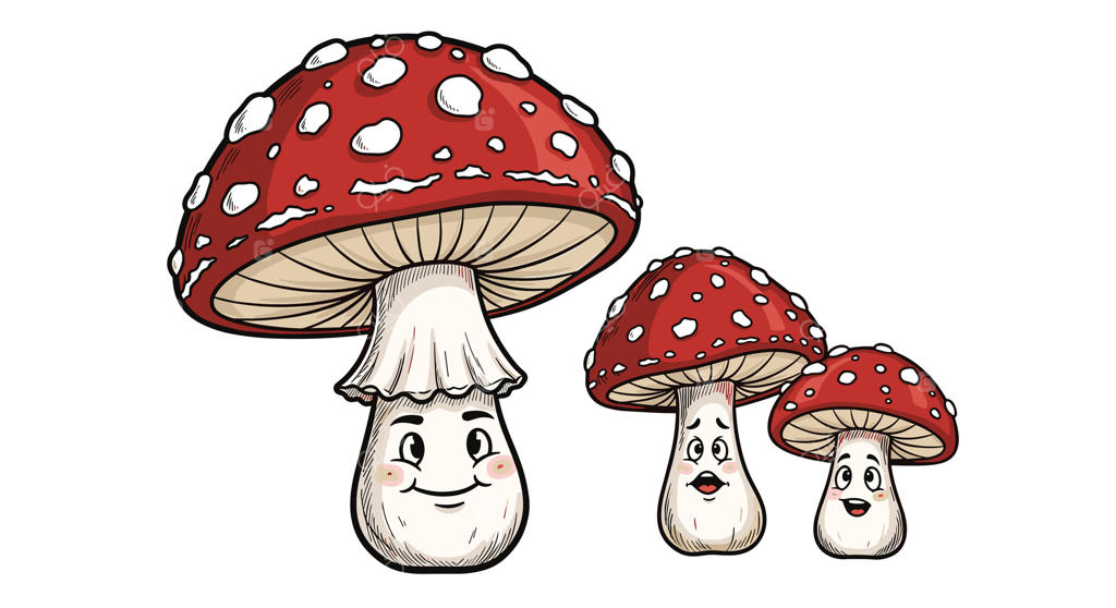 گردهمایی دلپذیر قارچ‌های قرمز و سفید با چهره‌های انیمیشنی شاد
