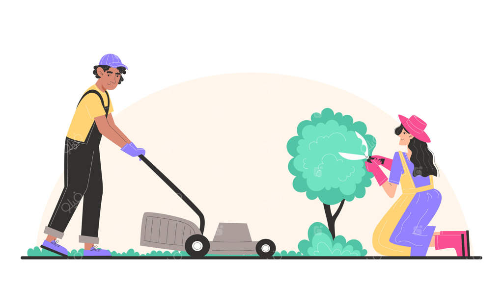مراقبت از باغ: مرد چمن‌ها را با ماشین چمن‌زن کوتاه می‌کند و زن بوته‌ها را با قیچی باغبانی اصلاح می‌کند.