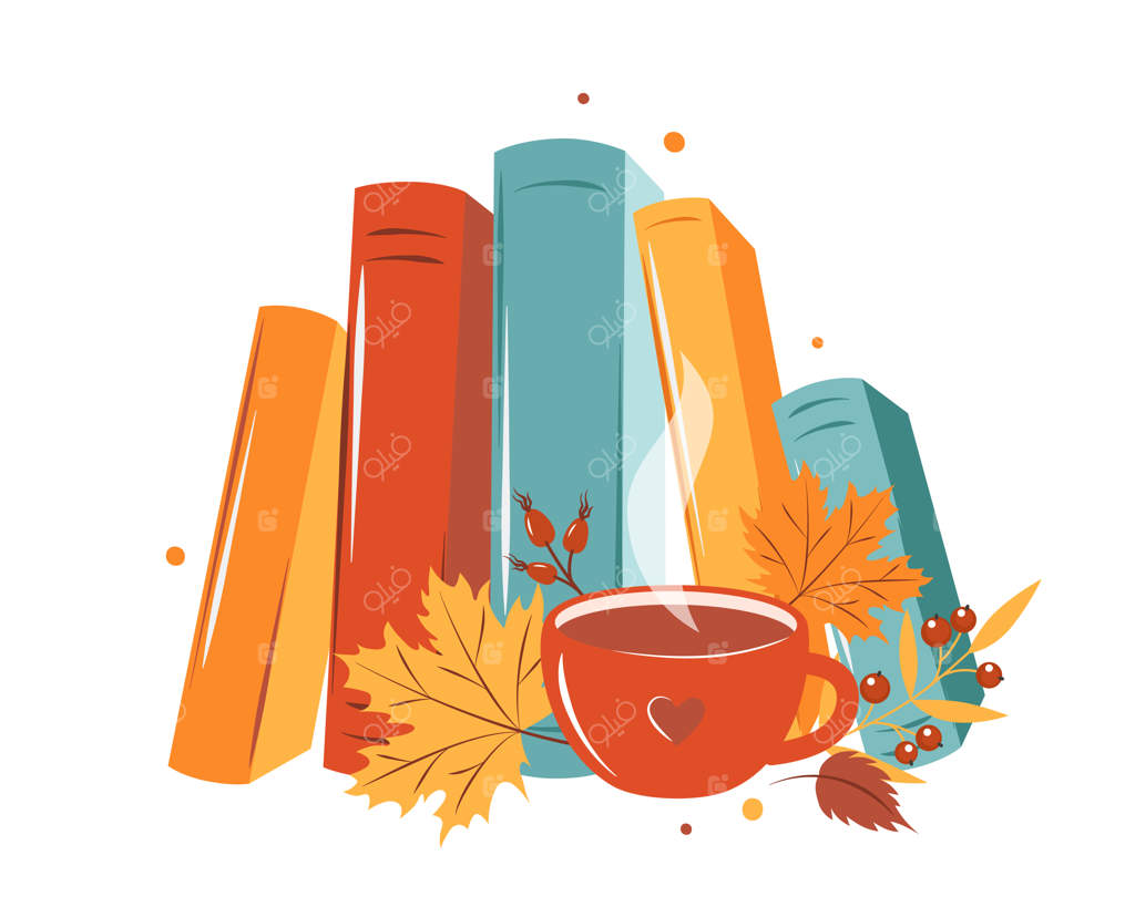 کتاب‌ها، یک فنجان قهوه یا چای، برگ‌های رنگارنگ پاییزی روی زمینه سفید
