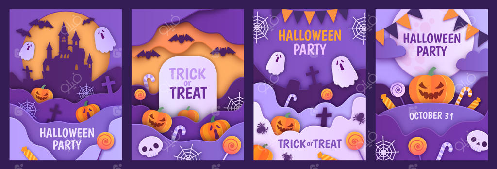 پوستر کاغذی هالووین: قالب پوسترهای هالووین با برش سه‌بعدی کاغذ، متن داستان ترسناک با طراحی تار عنکبوت و کدو تنبل، بنر هنری و طرح جلد خلاقانه و مرموز (تصویرسازی برداری)