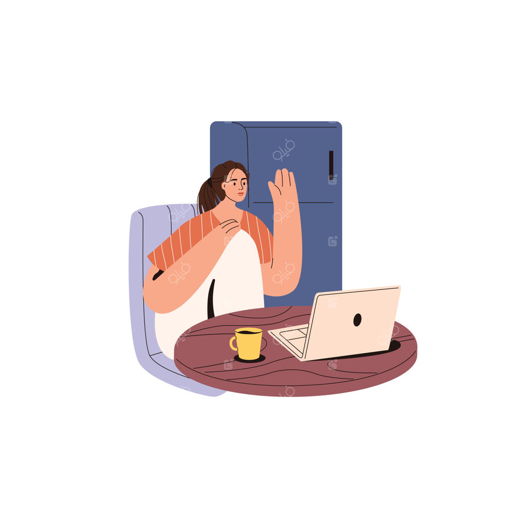 سلام و احوالپرسی در تماس ویدیویی آنلاین، گفتگوی زنی از طریق اینترنت با کامپیوتر لپ‌تاپ در آشپزخانه خانه، ارتباط مجازی و از راه دور.