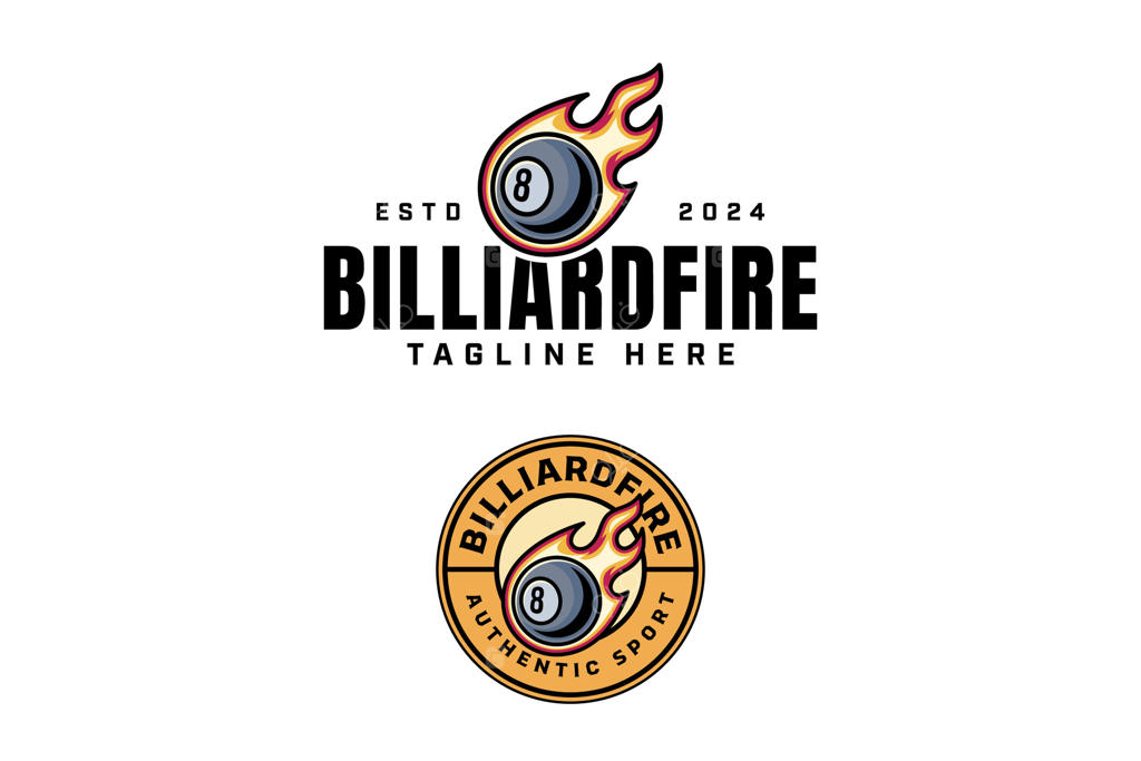 توپ بیلیارد شماره هشت با طراحی لوگوی شهاب آتشین. مجموعه طراحی لوگوی توپ بیلیارد 8 با نشان شهاب شعله‌ور. لوگوی مدرن توپ بیلیارد برای باشگاه و مسابقات ورزش بیلیارد.