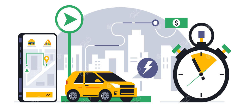 سرویس آنلاین تحویل غذا به منزل: پیگیری تحویل از طریق نقشه اپلیکیشن موبایل با استفاده از آدرس، مسیر، GPS و نمادهای خودرو، شهر، ساعت و قیمت به صورت وکتور