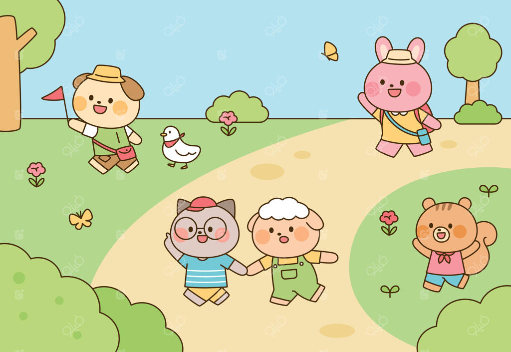 دوستان بامزه حیوان در پیک نیک بهاری در طبیعت. تصویر کارتونی تخت شامل خرگوش، سگ، گربه، گوسفند، اردک و سنجاب در حال لذت بردن از روزی آفتابی در فضای باز.