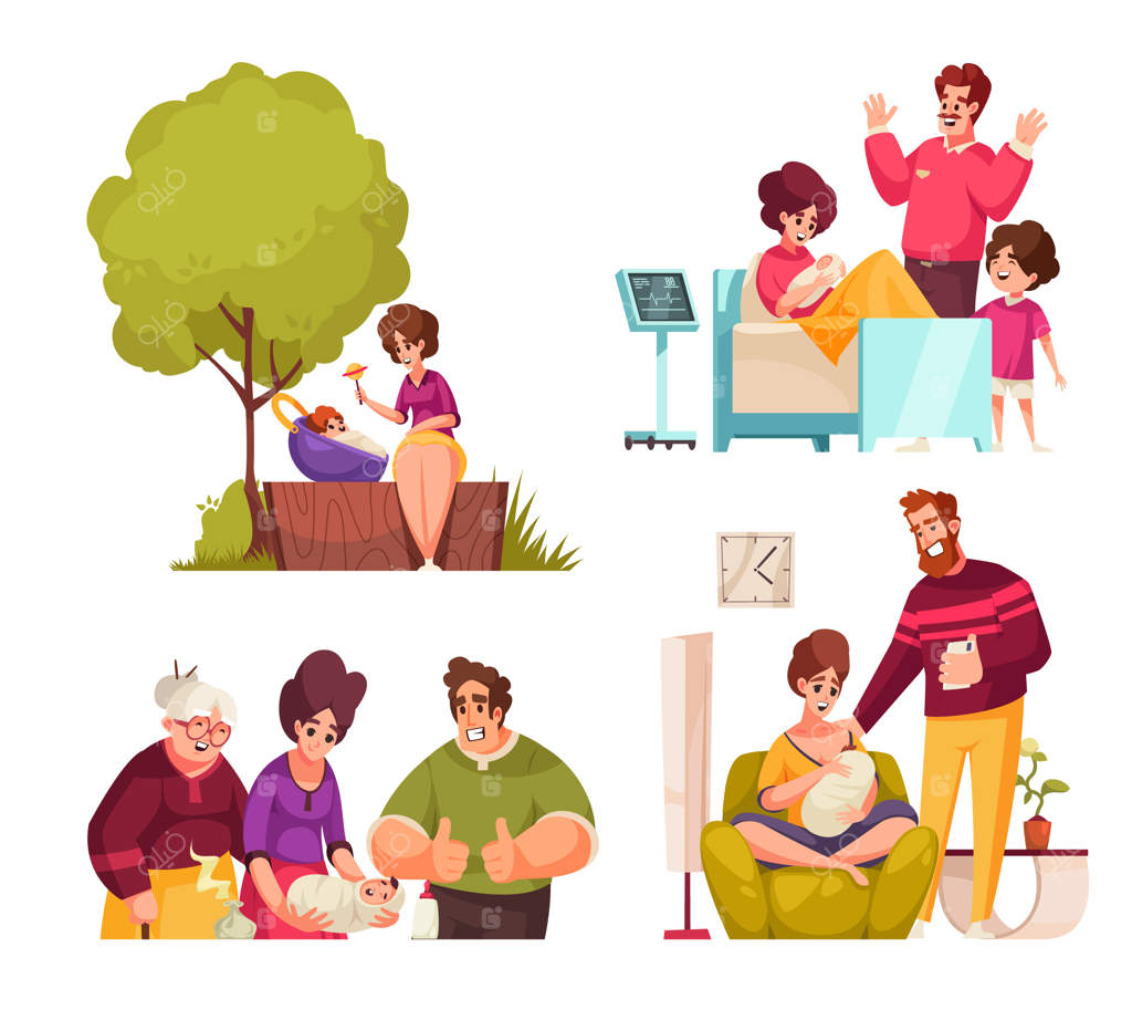 مجموعه آیکون‌های کارتونی بارداری و مادری با پدر و مادر شاد و نوزاد - تصویر وکتوری جداگانه