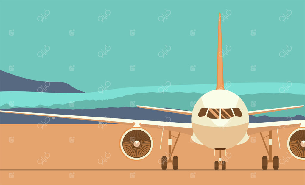 تصویر هواپیمای جت در پس‌زمینه‌ای از یک منظره انتزاعی. نمای جلو. سبک تخت.