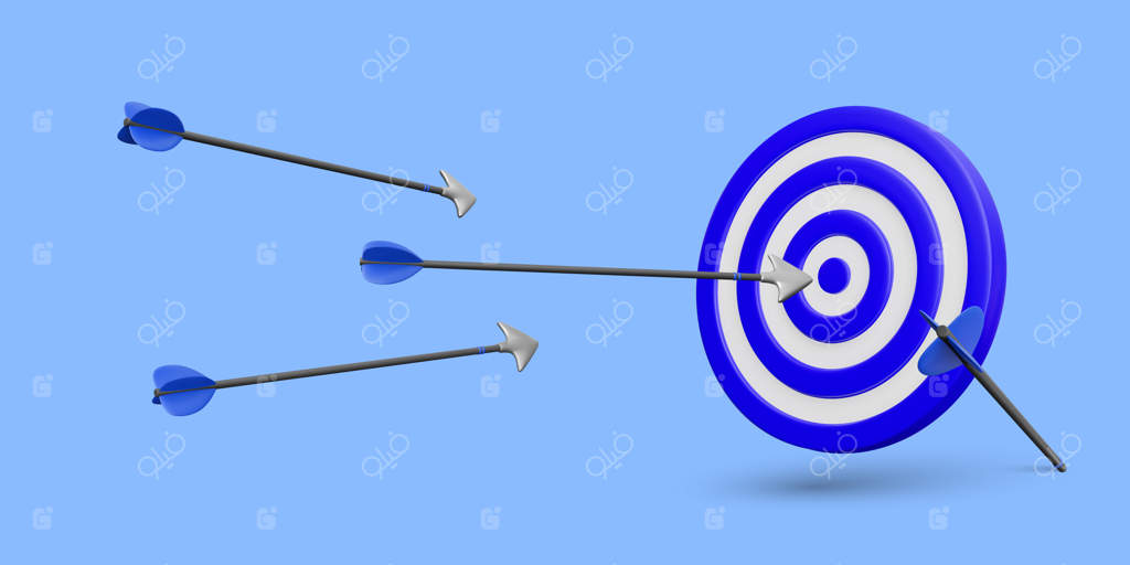 طراحی سه‌بعدی واقع‌گرایانه: هدف و تیر‌ها در مفهوم زمان بازاریابی - نشانه‌گیری کسب‌وکار (برداشت وکتوری)