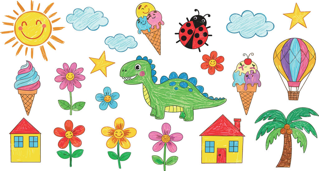 مجموعه طرح‌های مداد شمعی شاد و رنگارنگ شامل دایناسور سبز، خورشید خندان، بستنی، گل، خانه و بالن؛ مناسب برای طراحی‌های کودکانه و تم‌های تابستانی