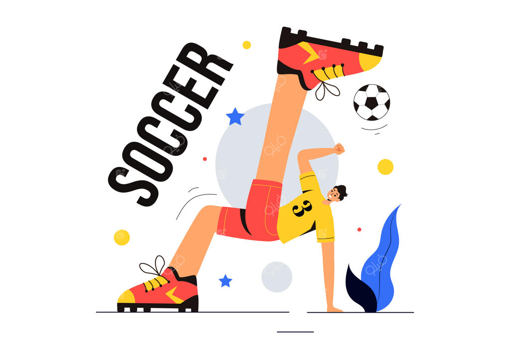 تصویرسازی وکتور مرد در حال شوت کردن توپ فوتبال در زمین چمن با پس‌زمینه کارتونی تخت، مناسب برای لیگ و مسابقات ورزشی