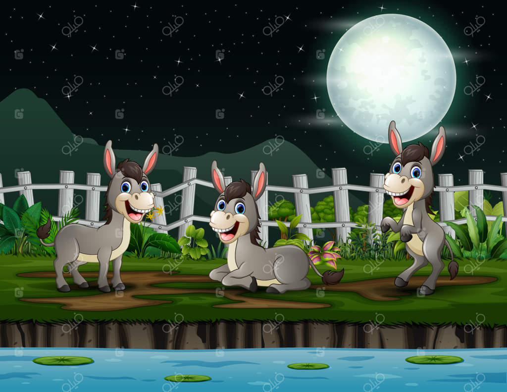 تصویر کارتونی الاغ‌های خوشحال در حال بازی در شب