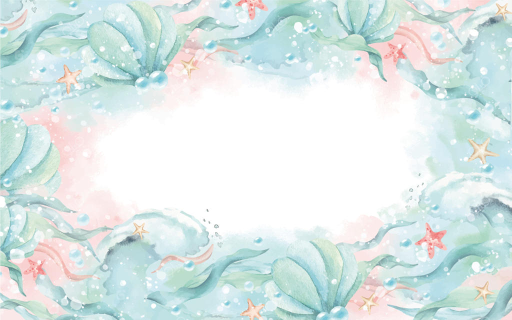 قاب آبرنگی به سبک دریا: طراحی زیبای موج‌دار با جلبک‌های دریایی، صدف، ستاره‌ها و حباب‌ها. تصویرسازی با رنگ‌های فیروزه‌ای و صورتی برای دنیای دریایی. کارت و حاشیه مناسب کودکان.