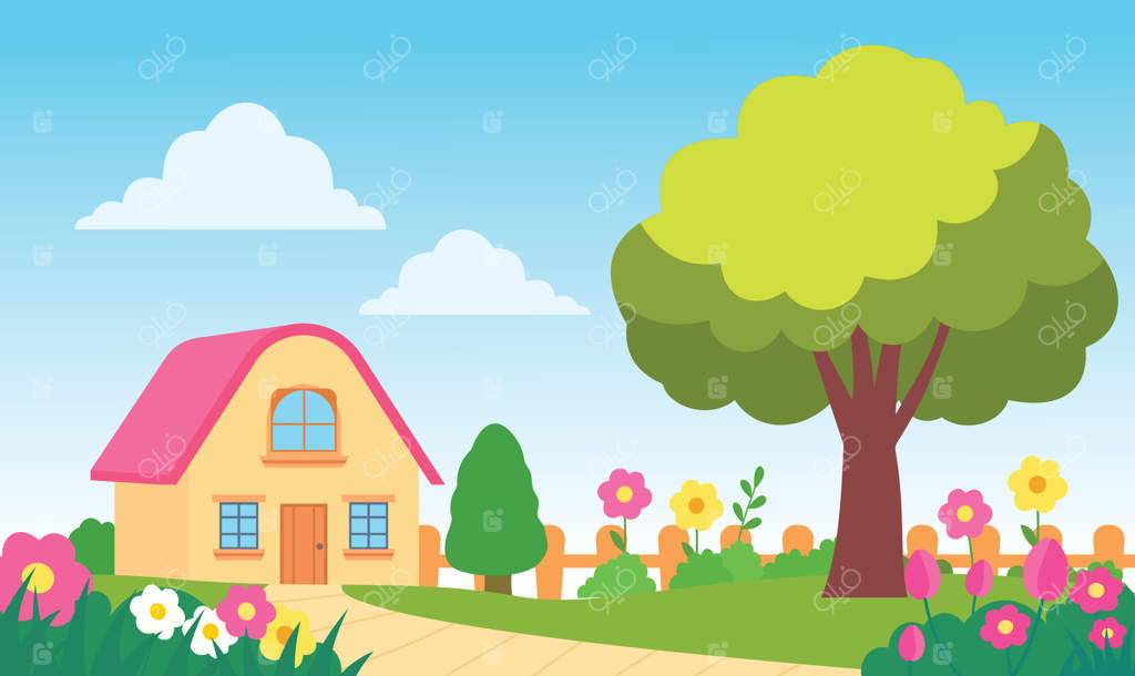 خانه‌ای با باغچه گل‌های رنگارنگ و منظره تابستانی