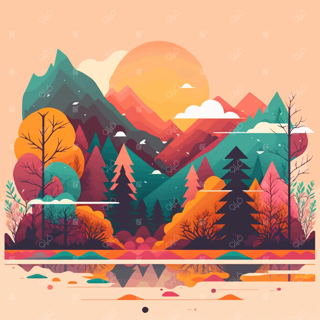پس‌زمینه‌ طبیعت کوهستانی و جنگلی در طراحی وکتور رنگی تخت