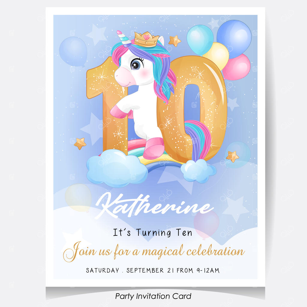 تصویر کارت دعوت جشن تولد با طراحی بامزه یونیکورن